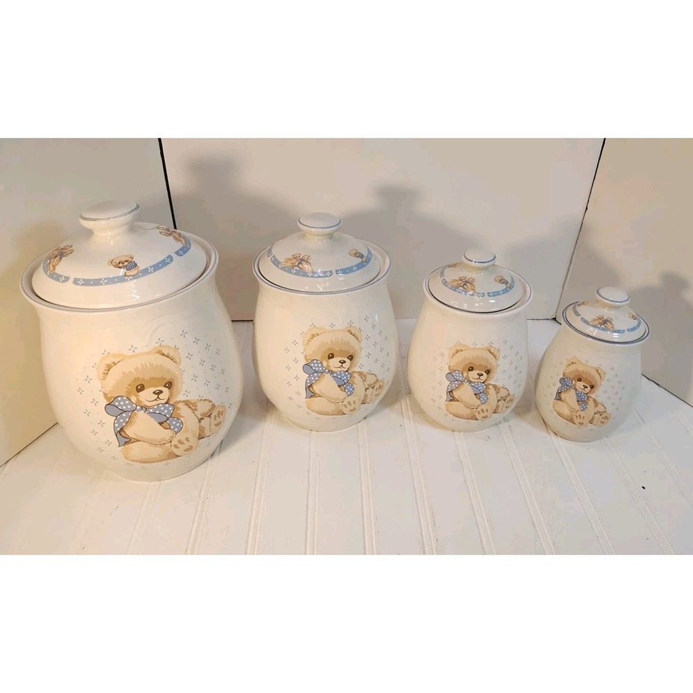 Tienshan Stoneware Teddy Bear Canisters 4 Pieces Vintage Country Theodore Set